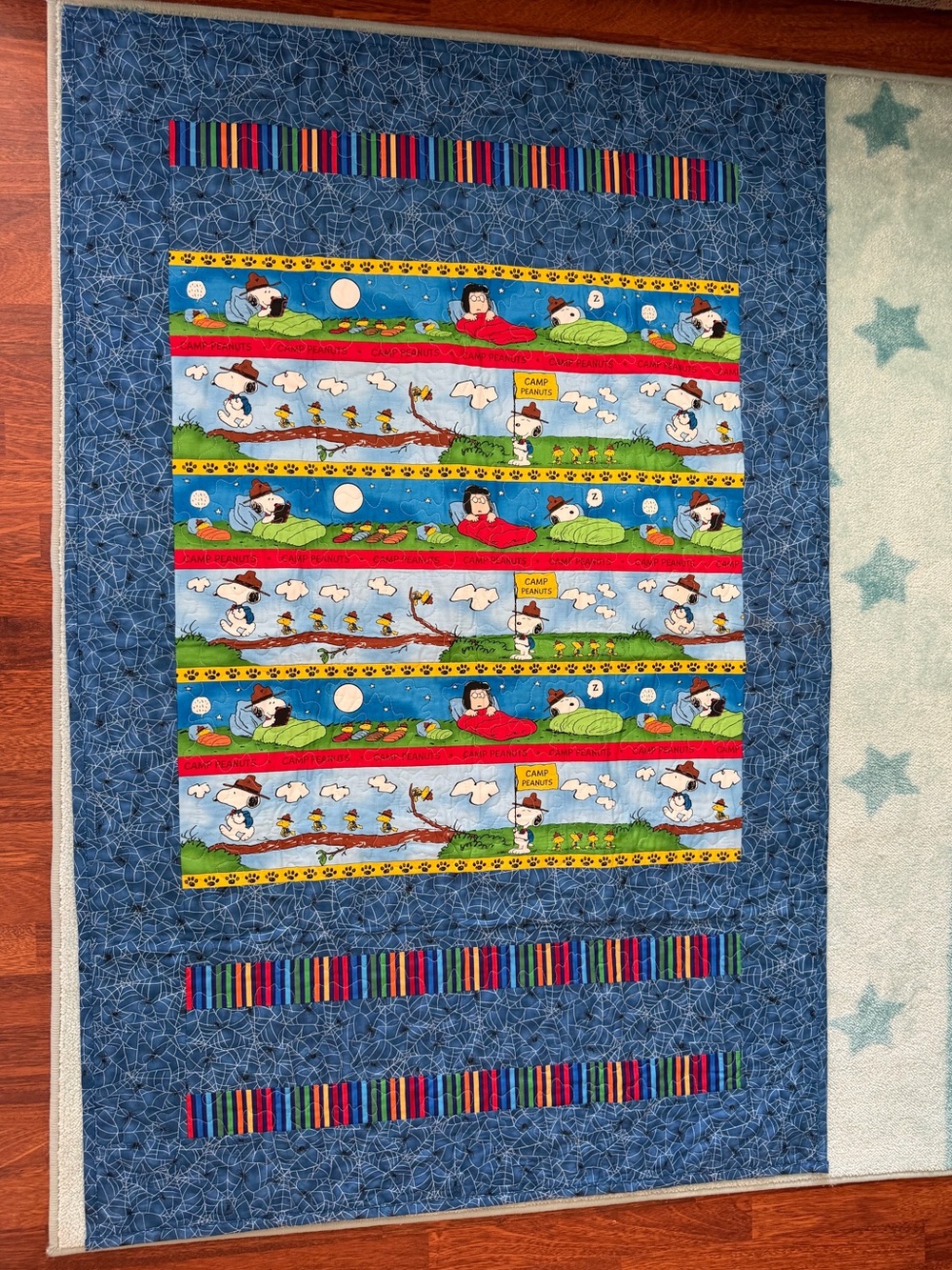 New kid’s handmade sewing blanket peanuts camping theme